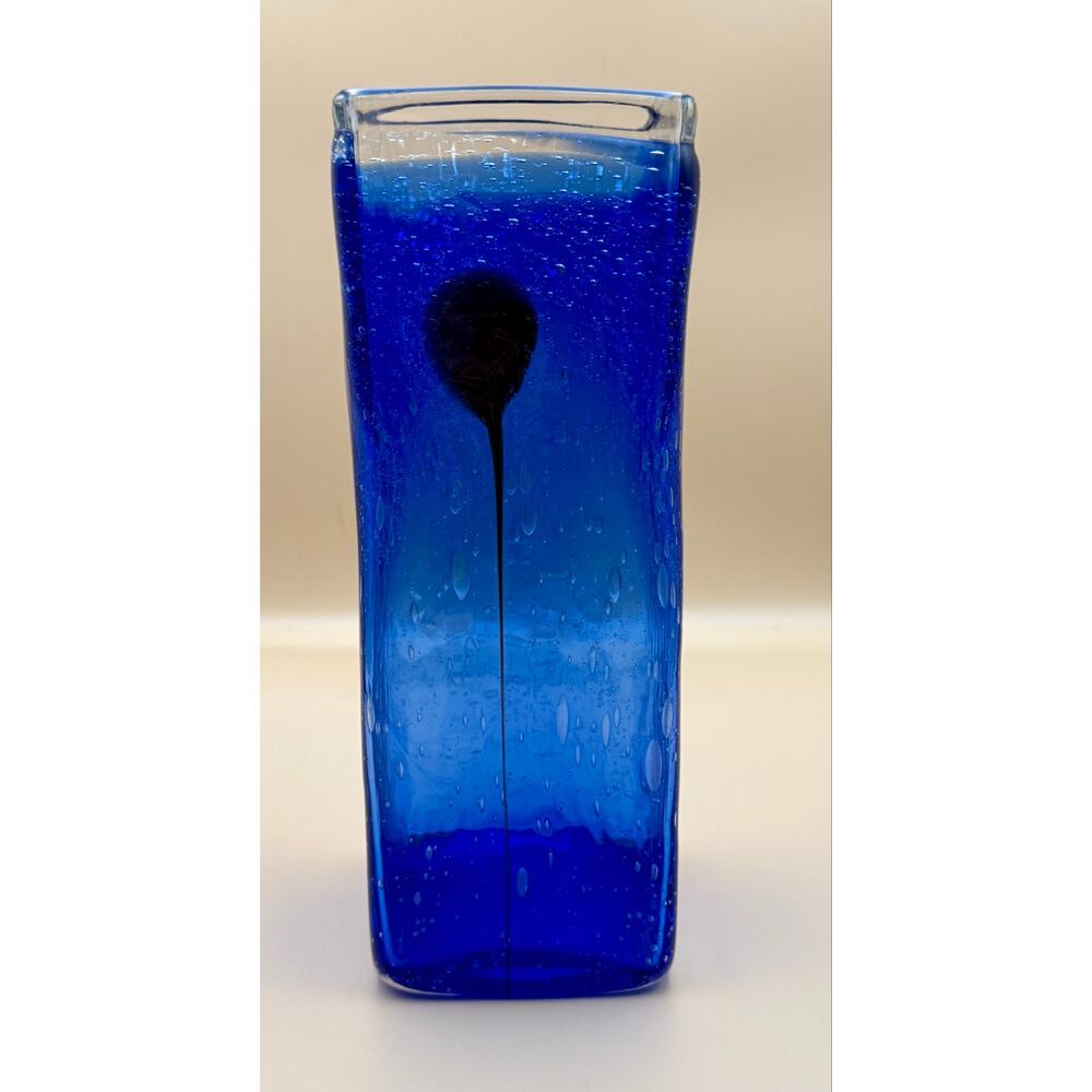 Heavy Mid Century Murano Style Cobalt Blue Sommerso Art Glass Vase Bullicante